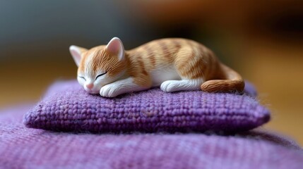 A serene orange tabby cat figurine peacefully resting on a soft purple pillow indoors
