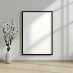 Minimalist room, blank frame mockup, sunlight