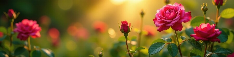 Rose stems and leaves in a wild rose bush with sunlight filtering through, botanical, landscape