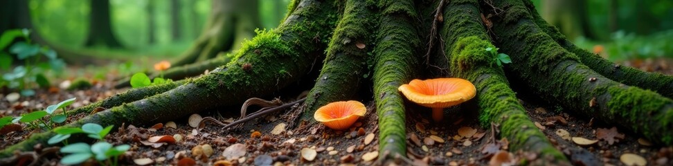 Roots and fungi beneath the surface of a fallen tree trunk, greenery, forest floor, roots
