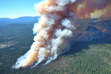 Fototapeta premium Aerial view of dense plume of smoke rising from forest fire, showcasing impact of wildfires on landscape
