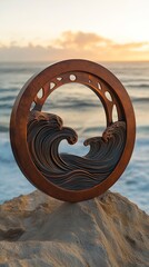 Fototapeta premium Coastal Sunset Bronze Wave Sculpture on Clifftop