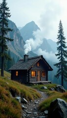 Secluded mountain cabin with smoke rising from the chimney, rustic, natural