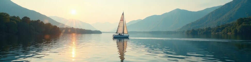 Sailboat quickly leaving tranquil lake atmosphere, water, fast