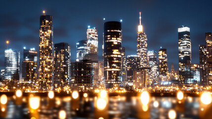 Obraz premium vibrant city skyline at night, showcasing illuminated skyscrapers and reflective water surface, creating stunning urban atmosphere