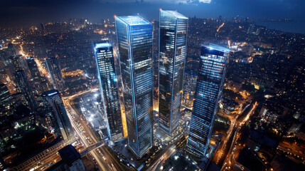 Fototapeta premium Modern skyscrapers illuminated at night in bustling cityscape, showcasing urban architecture and vibrant city life. scene captures essence of thriving metropolis