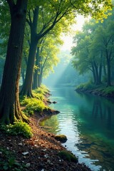 Fototapeta premium Serene riverbank with towering trees and scattered feathers on the ground, branches, leaves