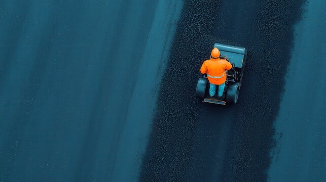 Road Worker Smoothing Asphalt, a dedicated individual operating heavy machinery, focused on repairing and maintaining smooth road surfaces for safe travel.