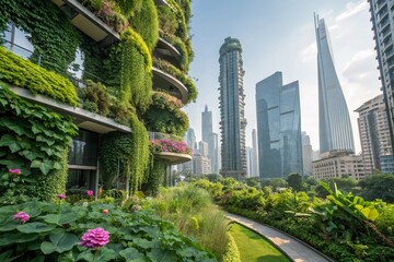 Fototapeta premium Eco-City Future: Vertical Gardens & Zero-Emission Buildings - Macro Photography