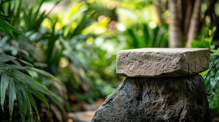 Obraz premium Stone Platform Amidst Lush Green Tropical Foliage