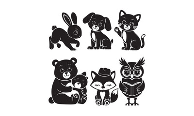 Cute black and white animal silhouettes: rabbit, dog, cat, bear, fox, and owl