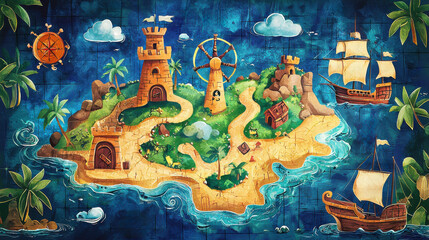 Whimsical Treasure Island Map Illustration With Castle And Pirate Ships