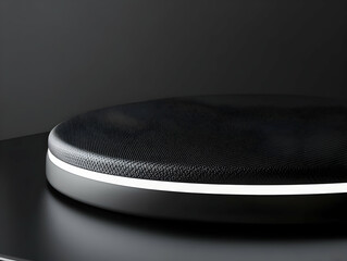 Black round display platform, dark background. Product showcase