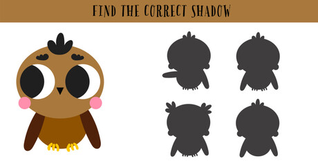 Owl forest cute correct match shadow puzzle game education printable page. nursery childish activity playful minimalist animal. © Alina Nikitaeva