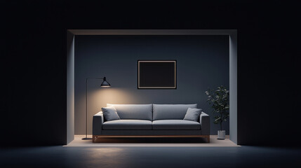 minimalist living room featuring modern sofa, stylish lamp, and potted plant, all set against dark wall, creating serene and sophisticated atmosphere