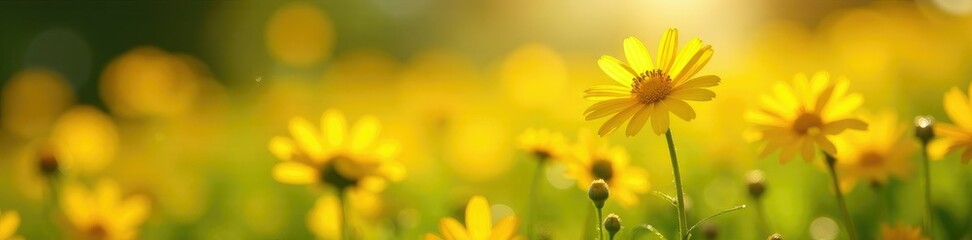 Naklejka premium Sunny field of bright yellow flowers with tiny water droplets glistening in the light, flowers, sunshine