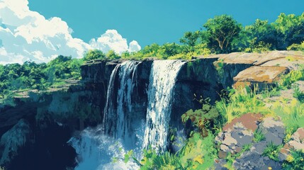 Fototapeta premium Waterfall cascading down cliff, lush green foliage, sunny sky, nature scene, travel poster