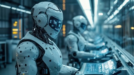 Fototapeta premium Futuristic Robots Working in Advanced AI Lab Technology Automation