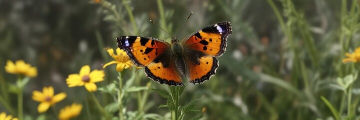 Obraz premium Small Tortoiseshell butterfly in flight over a flower with yellow and black stripes, yellow, aglais urticae