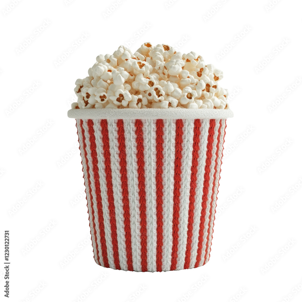 Poster a full container of popcorn in a red and white striped bucket against a black background.