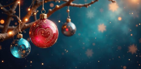 Swirling festive orbs suspended from a twisted twine, garland, twinkling