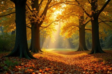 Fototapeta premium Sycamore trees light up the forest floor with their golden hues, light,