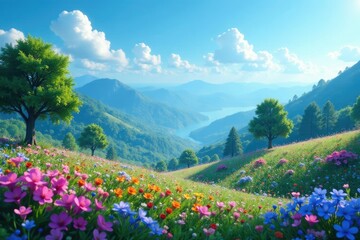 Fototapeta premium A blue landscape dotted with tiny colorful flowers, colors, trees