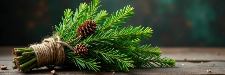 Fototapeta premium A bundle of fresh evergreen branches wrapped in twine and pinecones, branches, rustic, evergreen