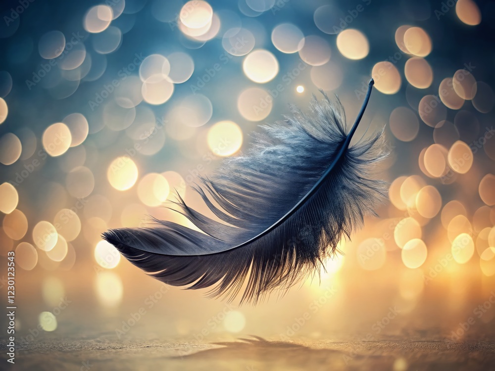 Wall mural Elegant Black Feather Floating, Minimalist Bokeh Background Stock Photo