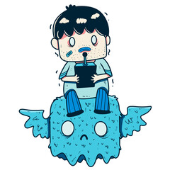 A boy controling a monster using a remote control