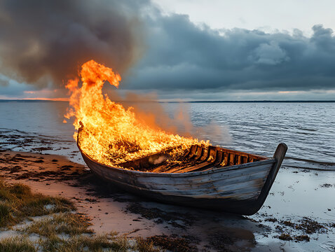 Wooden boat catches fire near shore