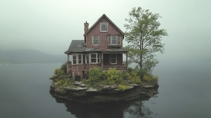 Isolated House on a Tiny Foggy Island
