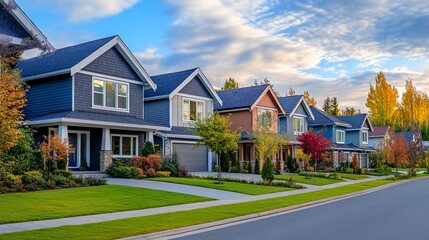 Suburban Neighborhood with Two-Story Homes and Tree-Lined Streets.