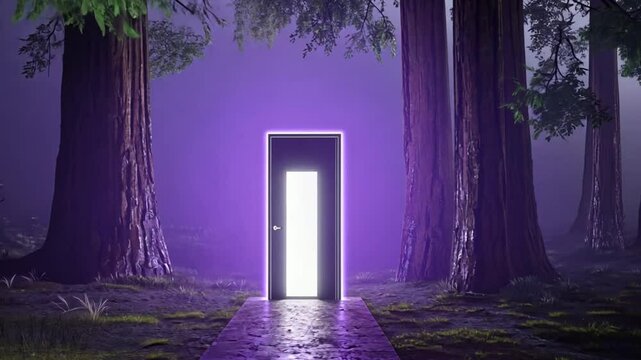 Glowing door in fog night forest. Light portal. Mistic and magic concept