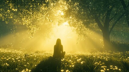 Serene Woman Meditating in Sunlit Forest Peaceful Nature Scene Spiritual Calm