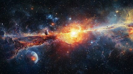 Fototapeta premium Stunning Cosmic Landscape with Bright Nebula and Distant Planets