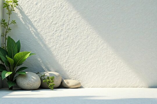 A serene and tranquil natural landscape depicted on a blank white stone canvas, sophistication, nature, serene