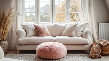 Fototapeta premium A cozy living room with a white couch and pink pouf.