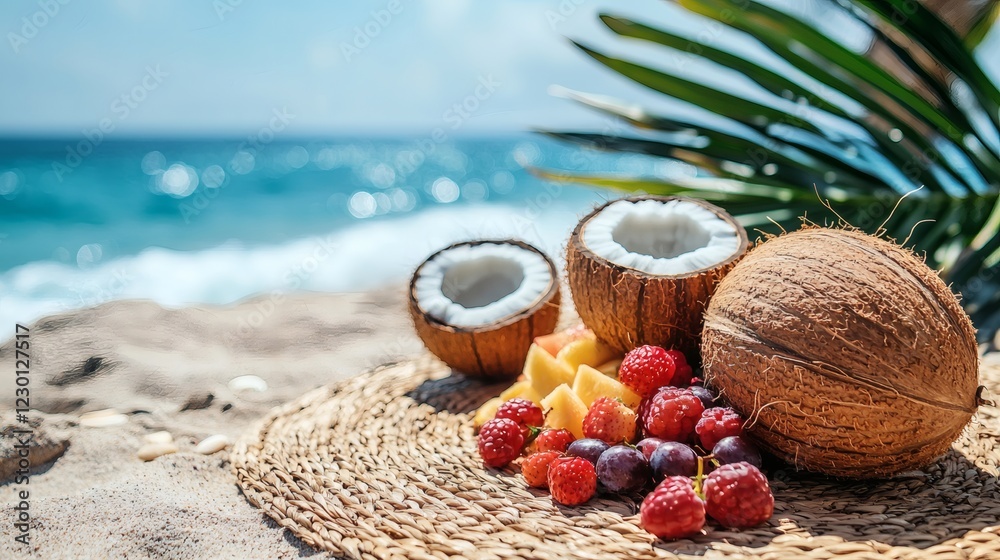 Poster picnic setup on the beach woven mat tropical fruits fresh coconuts and summer snacks ocean waves in 
