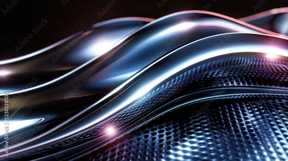 Poster abstract metallic waves reflecting light, creating a dynamic visual effect in a dark environment