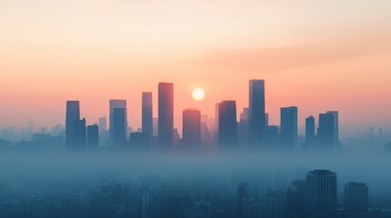 Fototapeta premium Serene City Skyline During Sunrise with Hazy Atmosphere