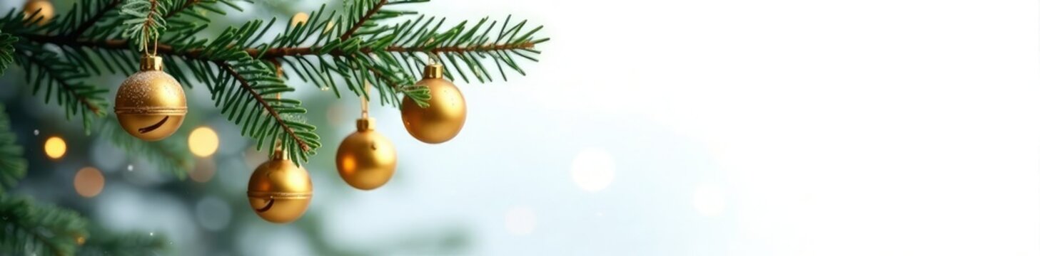 Fir tree with golden jingle bells hanging from branches against a white background, frosty, christmas
