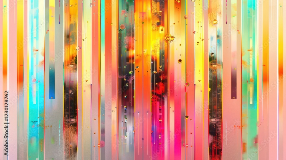 Poster abstract colorful pattern with vertical lines, blending hues and shapes, creating a vibrant backdrop