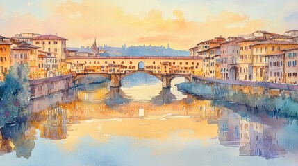 Watercolor Bridge Sunset Reflection in Florence