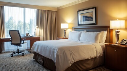 A cozy boutique hotel room with clean linens and a simple desk setup. digital