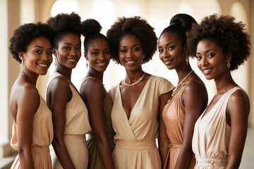 group of beautiful black women in elegant dress, together smiling and confident, in friendship 