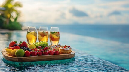 Floating wooden breakfast tray with fresh tropical fruits pastries and coconut water in a private pool with ocean view ultimate island indulgence Stock Photo with side copy space