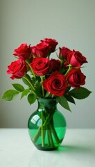 Fototapeta premium Floral arrangement with red roses in a green vase, details, arrangement, flowers