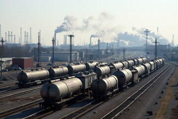 An industrial scene with multiple freight trains loaded with oil tankers parked at a busy train yard surrounded by cranes and warehouses. Smoke rises from nearby factories in the background