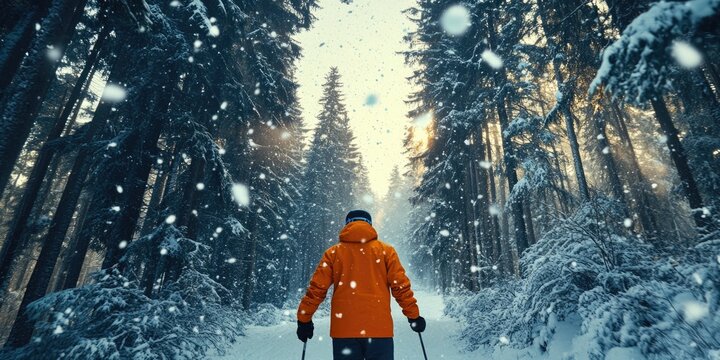 Solo skier in a snowstorm on a cross-country ski trail.